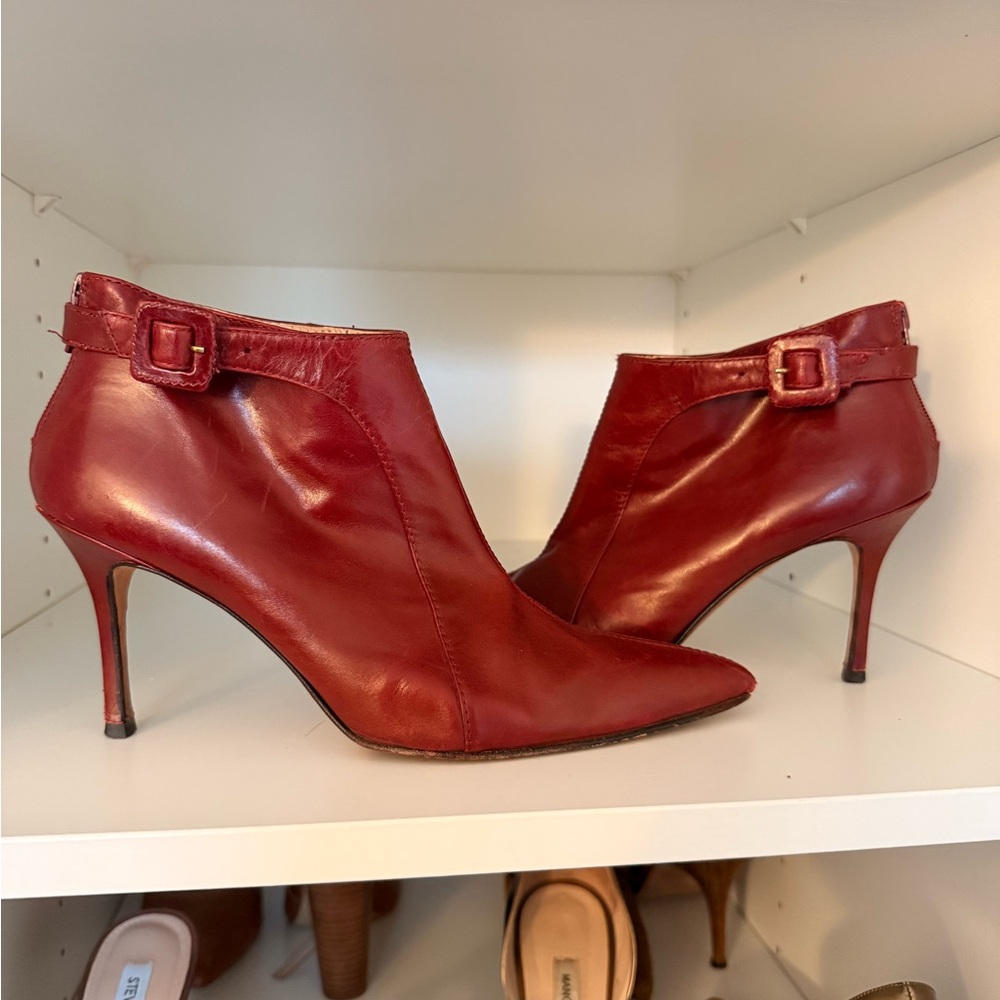 Manolo’s Deep Red Leather Ankle Boots